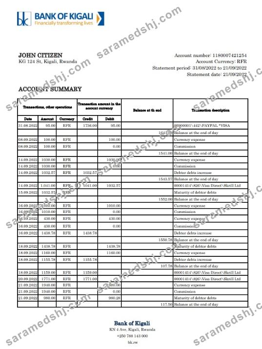 Rwanda Bank of Kigali bank statement